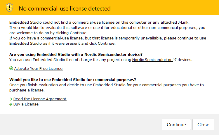 SEGGER Embedded Studio Dashboard notification about missing license