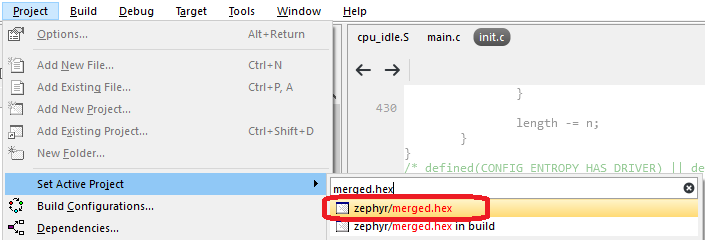 Set the zephyr/merged.hex target as active