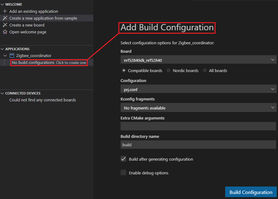 nRF Connect for Visual Studio Code - Generate Configuration panel