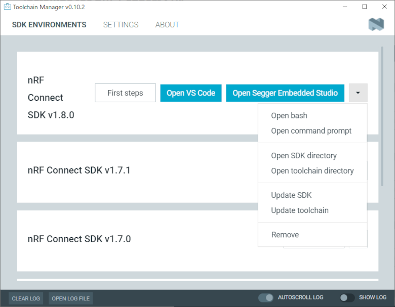 The Toolchain Manager dropdown menu for the installed nRF Connect SDK version, cropped