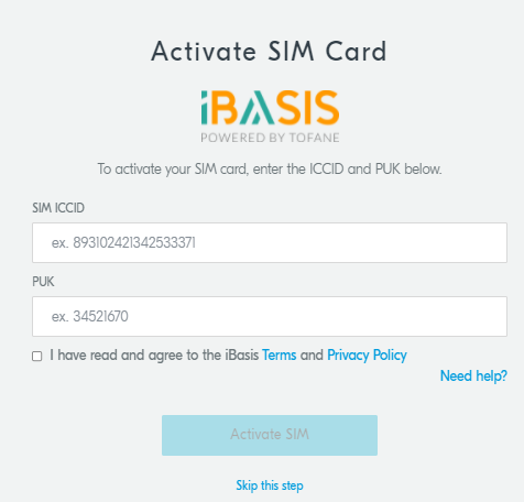 nRF Cloud - Activate SIM Card window