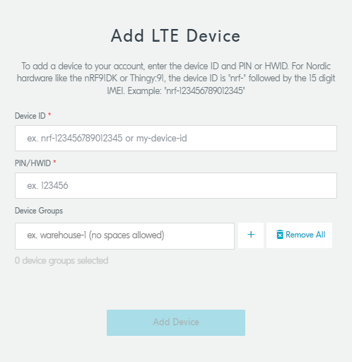 nRF Cloud - Add LTE Device window