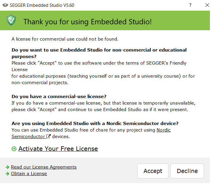 SEGGER Embedded Studio Dashboard notification about missing license