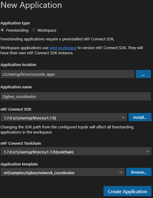 nRF Connect for Visual Studio Code - Create Application panel