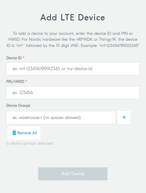 nRF Cloud - Add LTE Device window