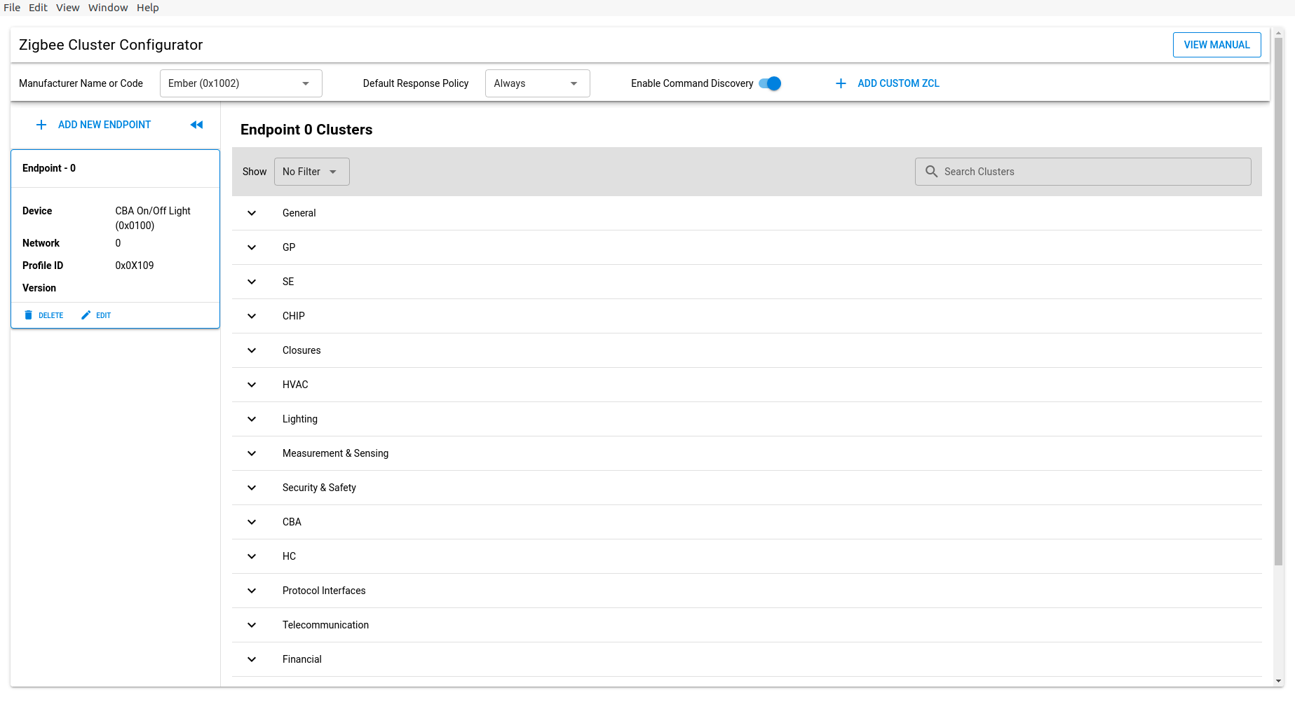 Zigbee Cluster Configurator window in ZAP tool