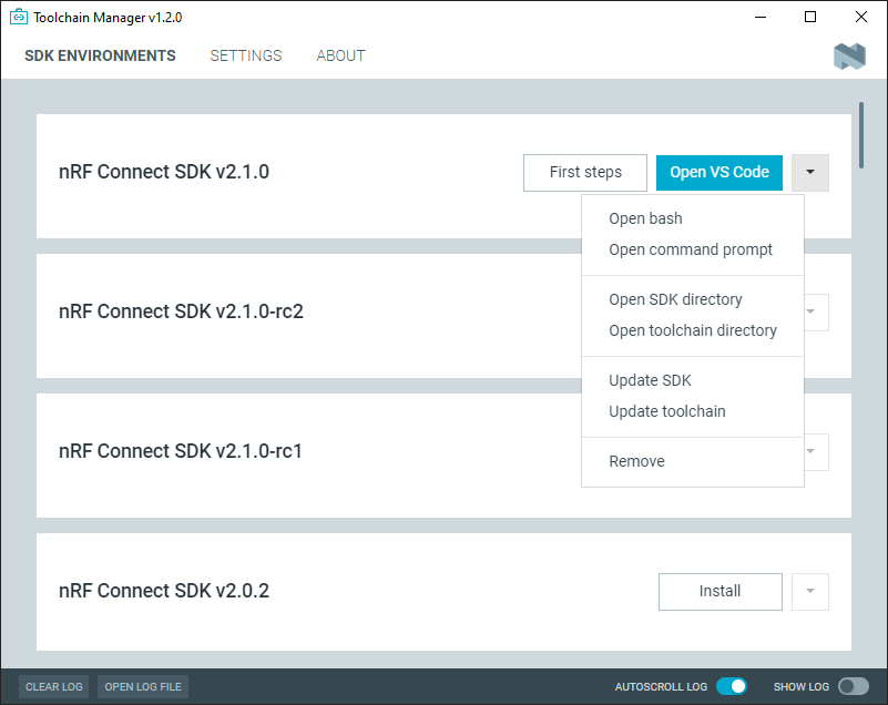 The Toolchain Manager dropdown menu for the installed nRF Connect SDK version, cropped