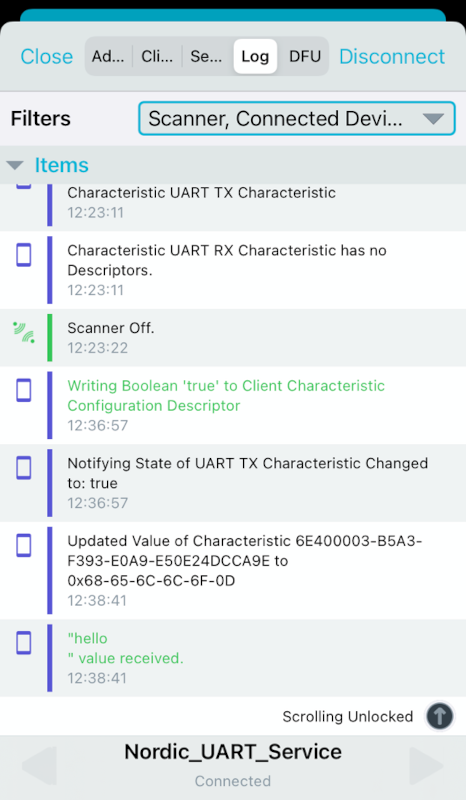 nRF Connect for Mobile - Text shown in the log