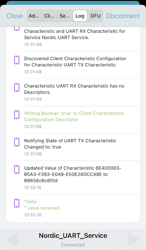 nRF Connect for Mobile - Text shown in the log