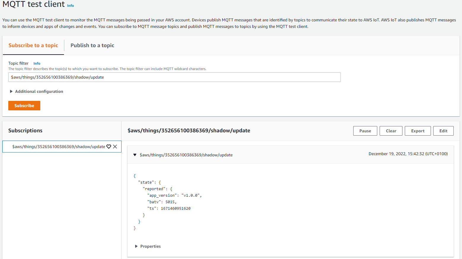 AWS IoT Core MQTT test client