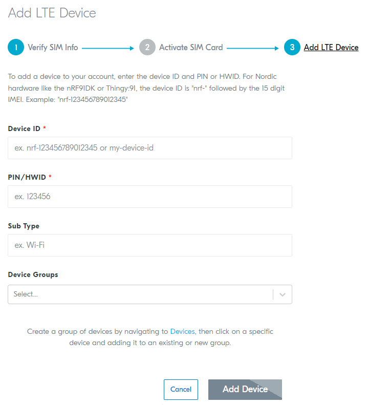 nRF Cloud - Add LTE Device view