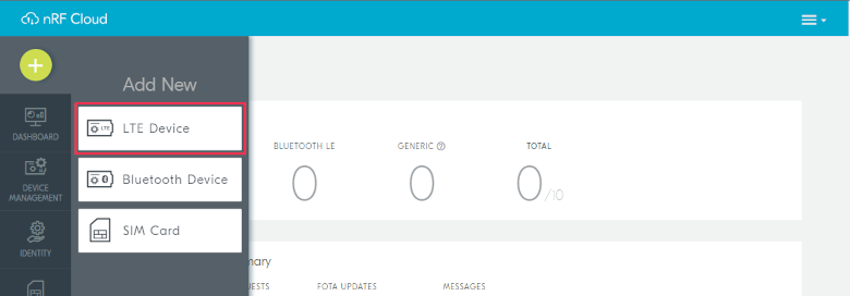 nRF Cloud - Add New menu