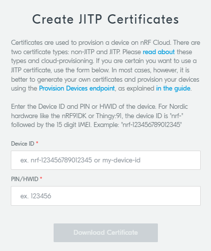 nRF Cloud - Create JITP Certificates dialog box