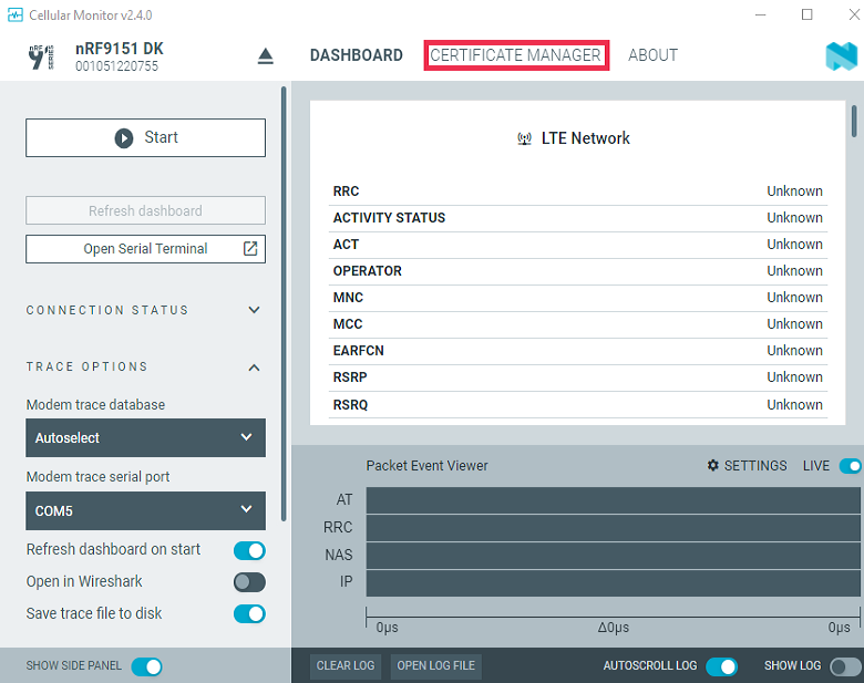 Cellular Monitor - Certificate Manager (nRF9151 DK shown)