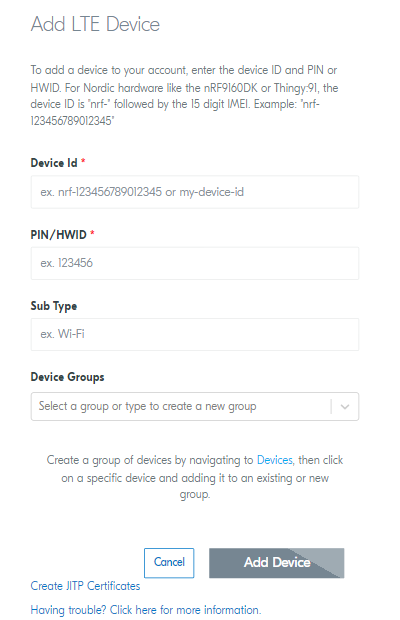 nRF Cloud - Add LTE Device