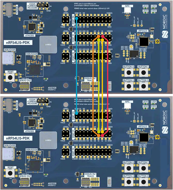 nRF54L15 DK server and client pin connections