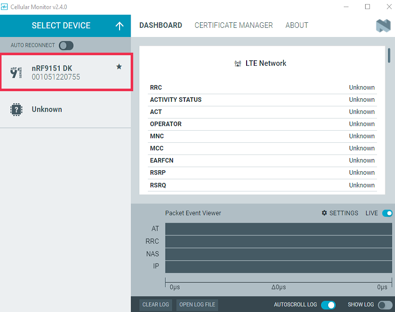 Cellular Monitor - Select device (nRF9151 DK shown)
