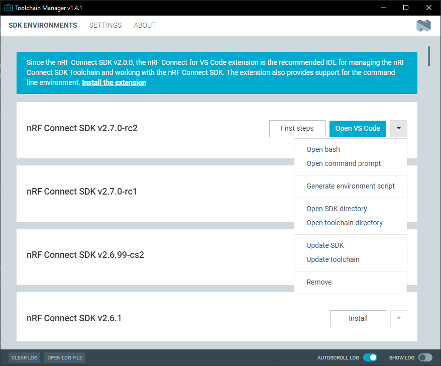 The Toolchain Manager dropdown menu for the installed nRF Connect SDK version, cropped