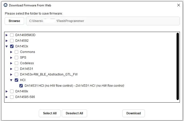 DA14531 HCI Binary File Selection