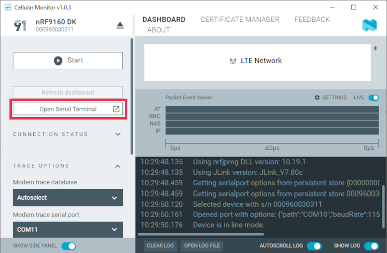 Cellular Monitor - Open Serial Terminal (nRF9151 DK shown)