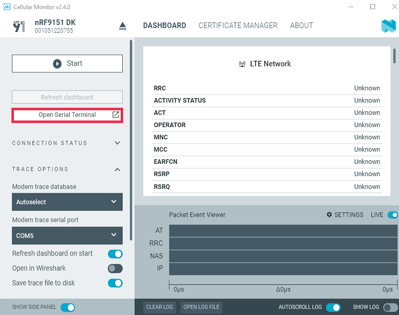Cellular Monitor - Open Serial Terminal (nRF9151 DK shown)