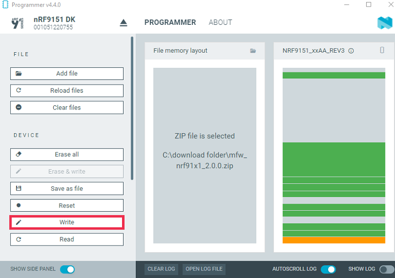 Programmer - Write (nRF9151 DK shown)