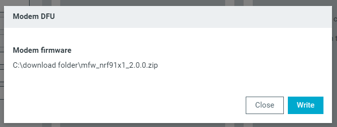 Modem DFU window (nRF9151 DK shown)