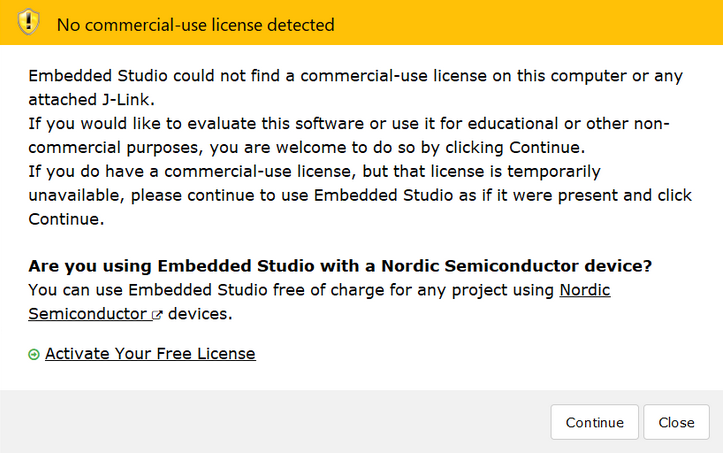 SEGGER Embedded Studio Dashboard notification about missing license