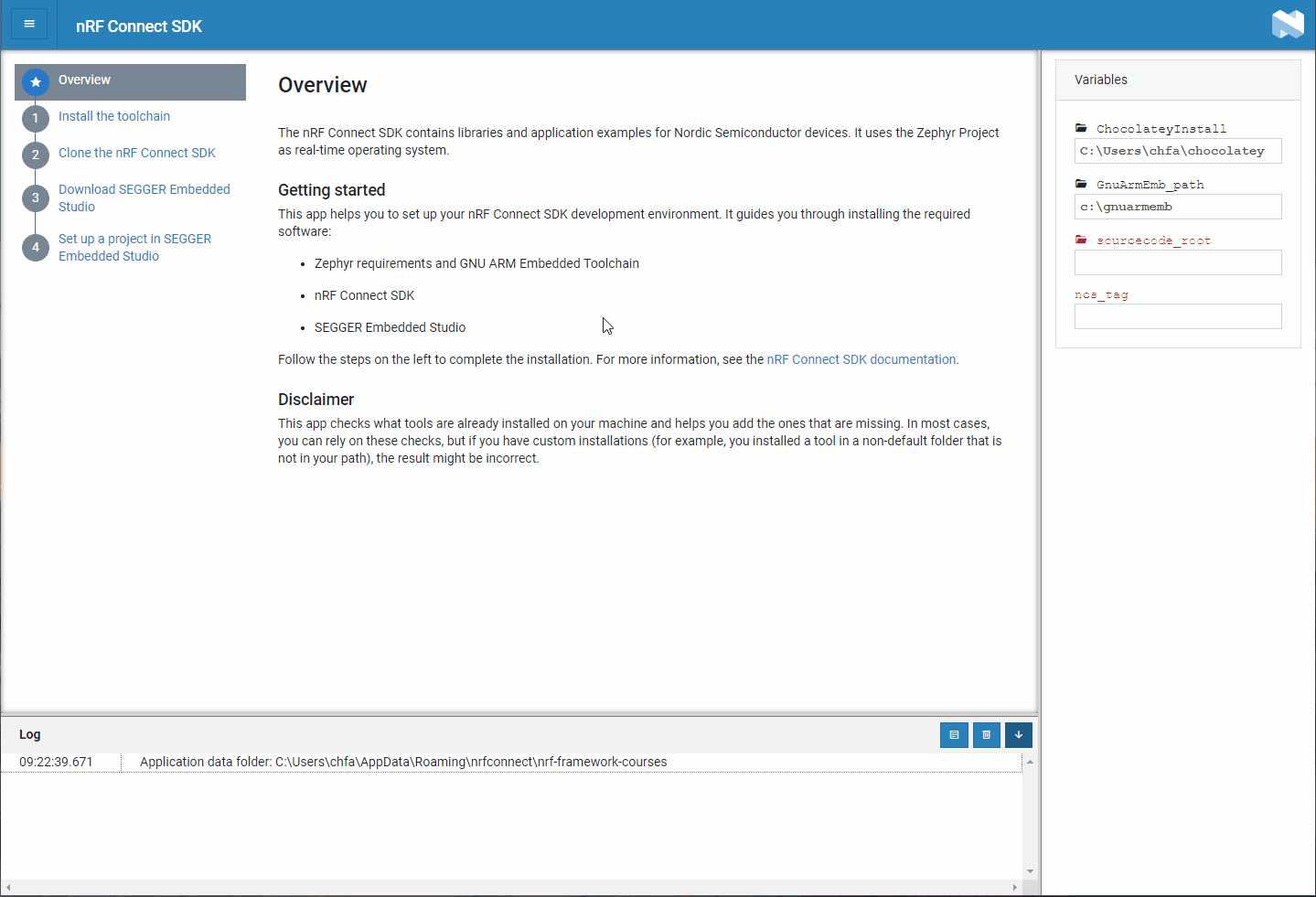 Verifying the |NCS| toolchain installation in the |GSA| app