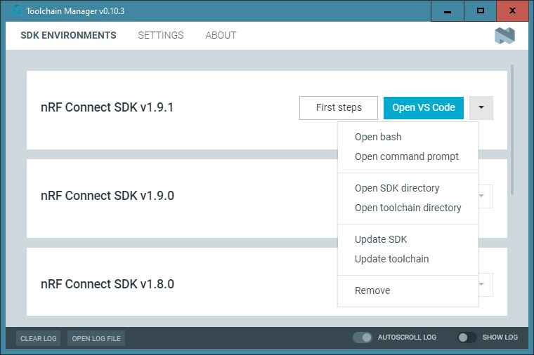 The Toolchain Manager dropdown menu for the installed nRF Connect SDK version, cropped
