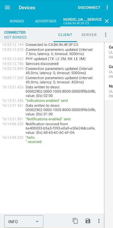 nRF Connect for Mobile - Text shown in the log