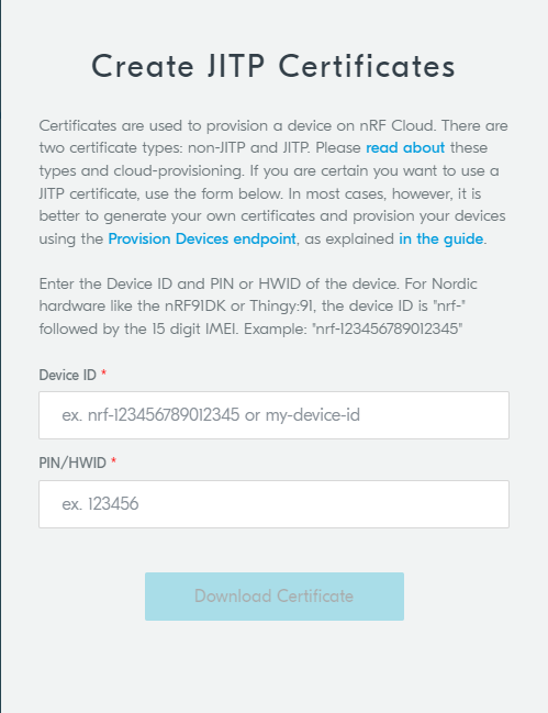 nRF Cloud - Create JITP Certificates dialog box