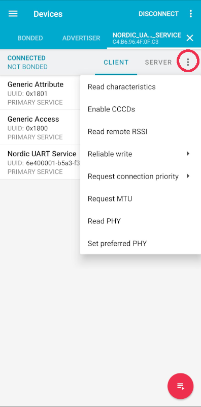 nRF Connect for Mobile - Enable services option