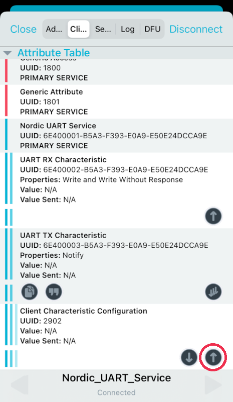 nRF Connect for Mobile - Client tab