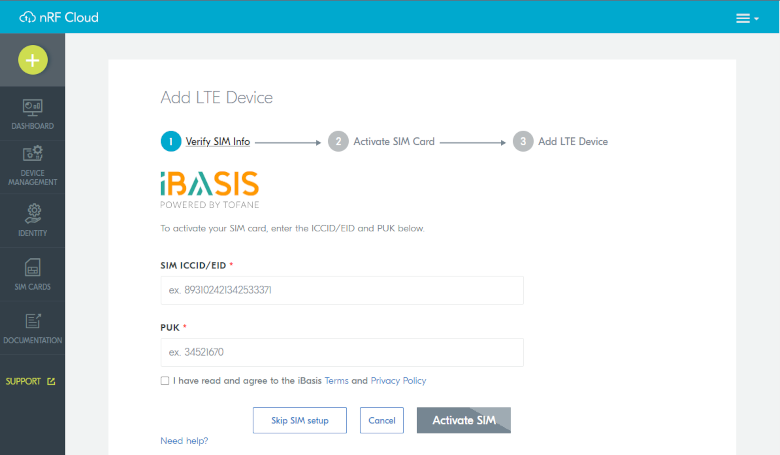 nRF Cloud - Add LTE Device page, Verify SIM Info view