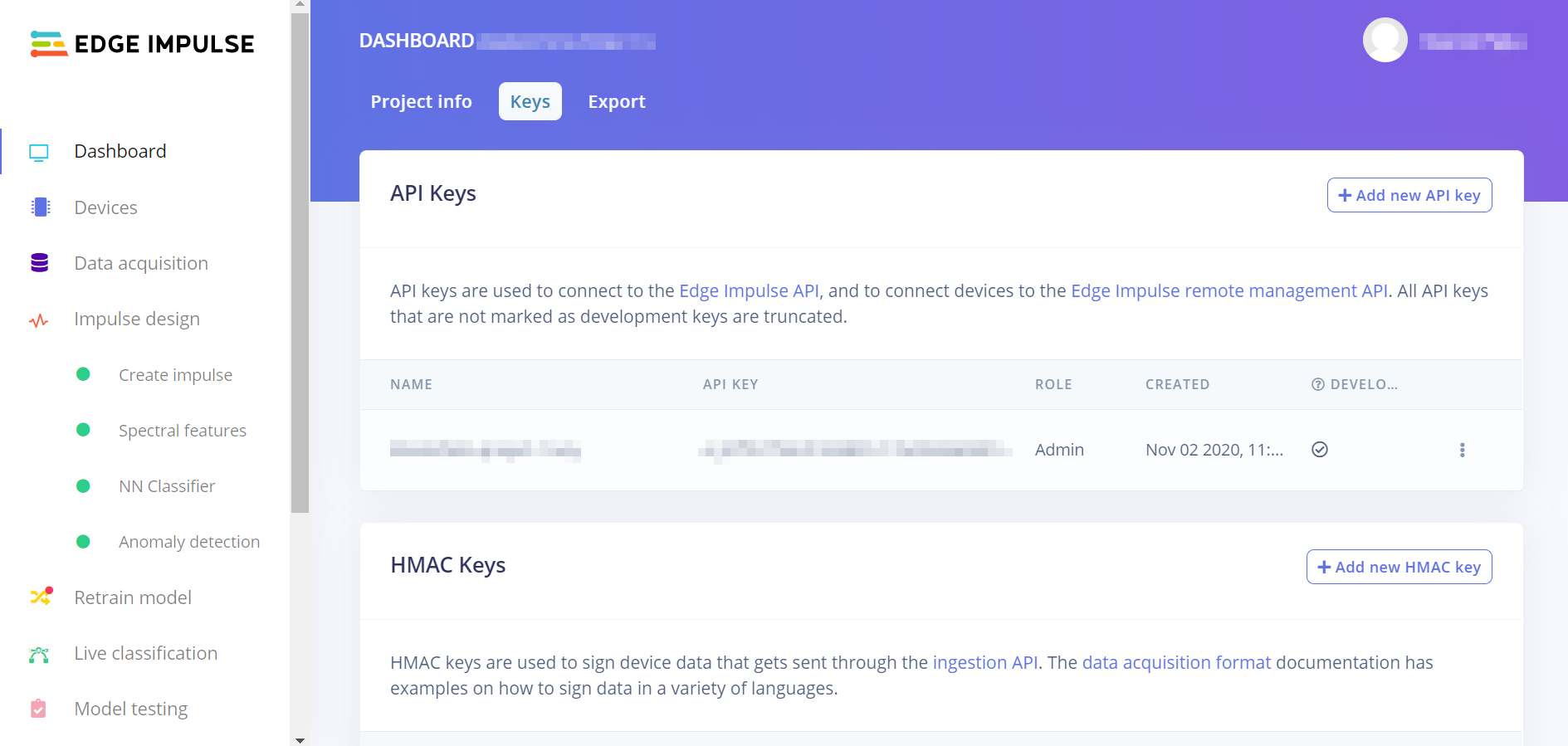 API key under the Keys tab in Edge Impulse studio