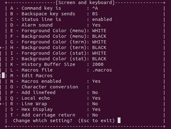 minicom terminal screen and keyboard settings