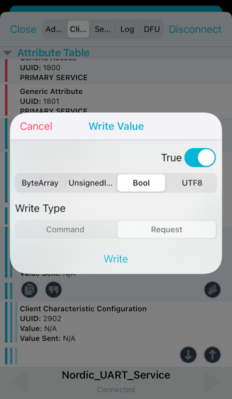 nRF Connect for Mobile - Write Value window