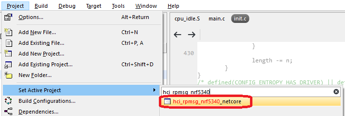 Set the hci_rpmsg_nrf5340_netcore programming target as active