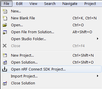 Open nRF Connect SDK Project menu