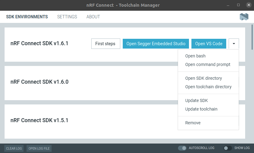 The Toolchain Manager dropdown menu for the installed nRF Connect SDK version, cropped