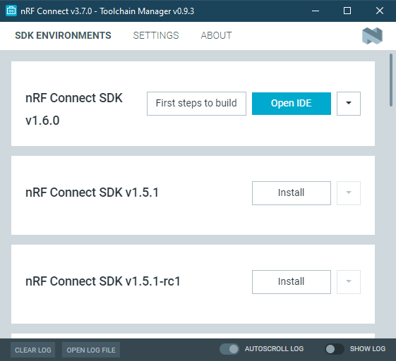 The Toolchain Manager options after installing the nRF Connect SDK version, cropped